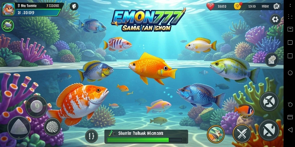 Tampilan gameplay EMON777 dengan ikan berwarna-warni yang menunggu untuk ditembak.