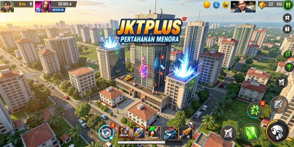 Screenshot gameplay JKTPLUS menunjukkan pertahanan menara yang menarik.