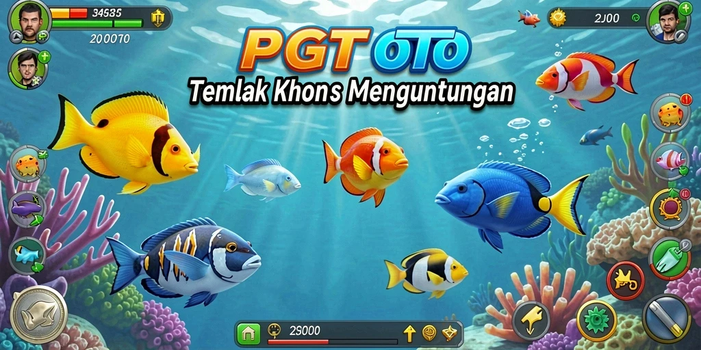 Screenshot gameplay PGTOTO menampilkan keseruan menembak ikan berwarna-warni.
