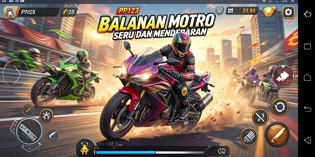 Tampilan gameplay PP123 yang mendebarkan dengan motor balap cepat.